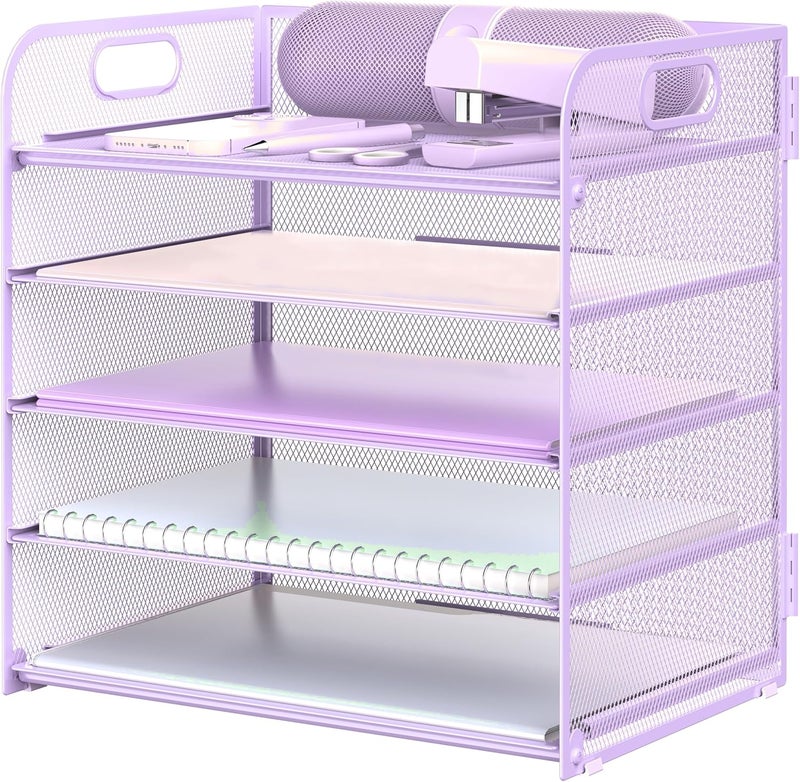 Sinboun Letter Tray Paper Organizer 5-Tier Desk Organizer File Organizer Paper Holder with Handle, Metal Desktop Document Shelf Tray Office Classroom Organization - Purple - Image 1